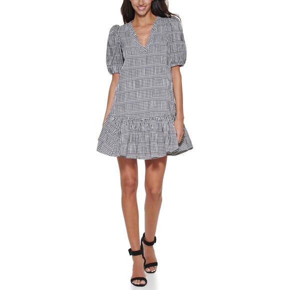 Calvin Klein Dresses & Skirts - Calvin Klein Gingham Print Gauze Dress with Puff Sleeve Dress, Black/White, 6
